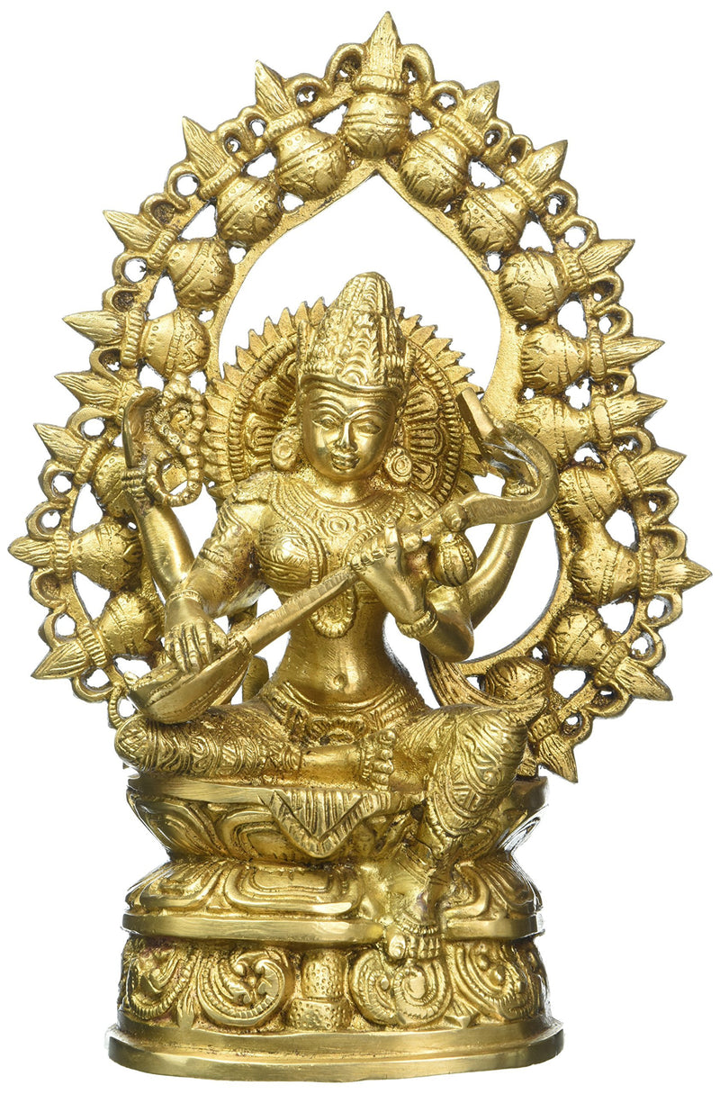 Shalinindia Goddess Saraswati Idol Brass God Statue Maa Saraswati Mata Devi Murti for Pooja Room Home / Temple Gift for Any Occasion - 10 Inches