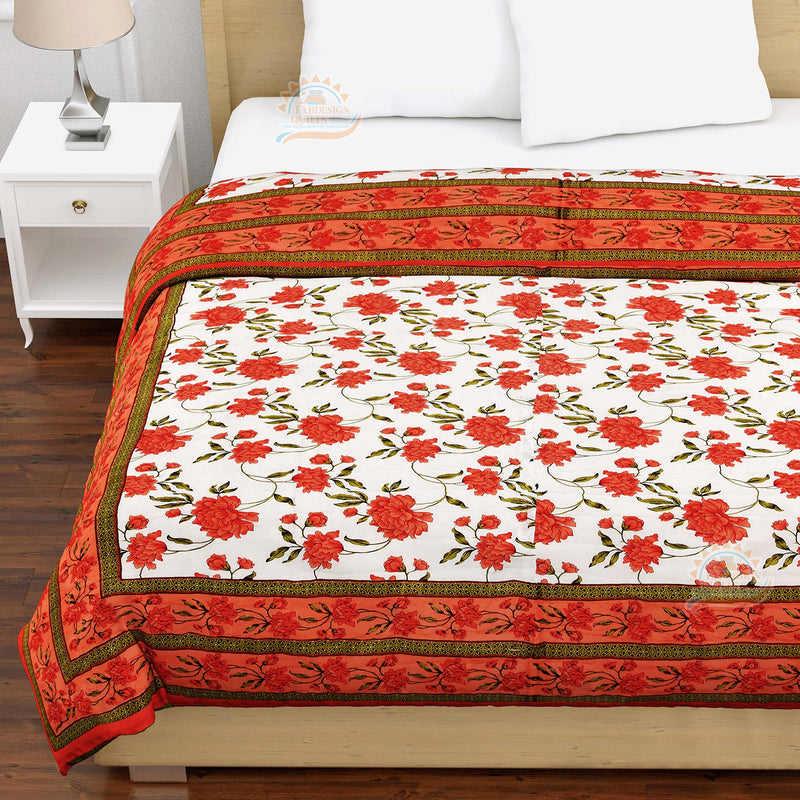 LOARSHY Pure Cotton Hand Floral Palm Printed Quilt | Lightweight and Warm Jaipuri Rajasthani Double Bed Razai | Soft Razai for Winters | Gift Item for Family and Friends (Orange, Pack of 1)