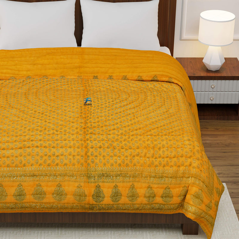 Woodsy Jaipuri Razai Rajasthani Traditional Double Bed Pure Cotton Winter and Summer Rajai (Yellow)