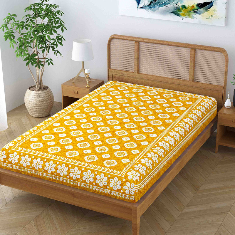 SheetKart Blossoms 100% Pure Cotton Jaipuri Printed Bedsheet for Single Bed, Traditional Ethnic Bed Cover - Yellow