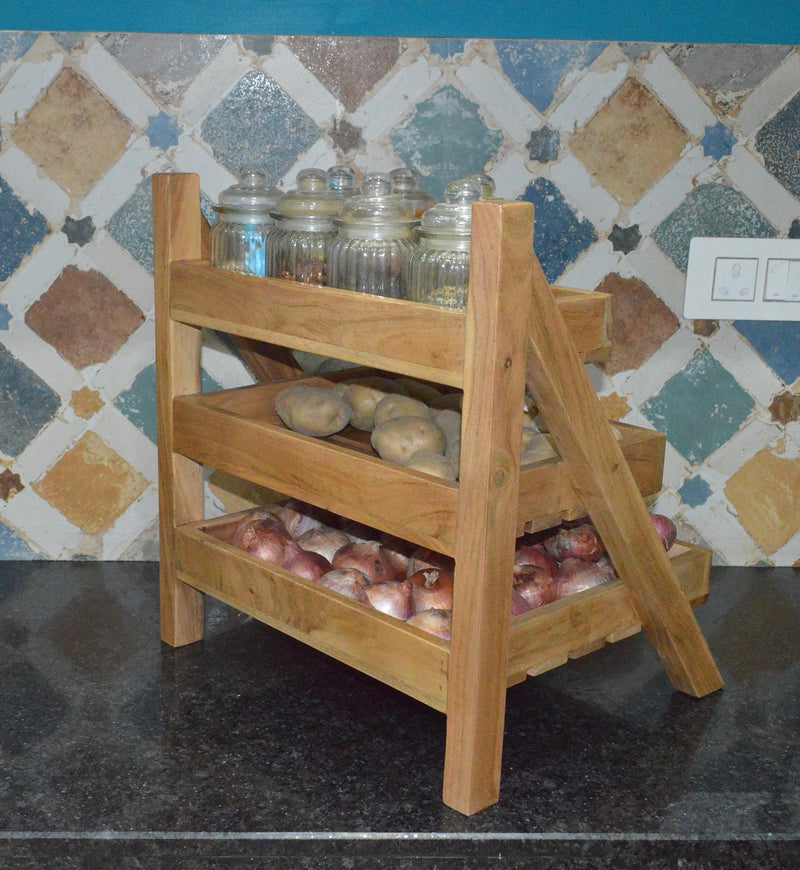 Orchid Homez Solid Wood Veg & Fruit Stand - Multipurpose Kitchen Organizer with Onion Baskets. Sturdy Rack for Kitchen, Perfect Basket for Storage. Durable 3-Layer Storage Unit.