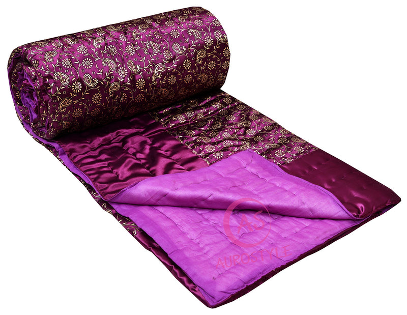 WORLDNEX Cotton Filled Light Weight Silk Jaipuri AC Quilt/Razai Over All Over Printed with Gold Print Jaipuri Quilts/Razai (85x100 Inch,Purple Jaal Print, Double Bed)