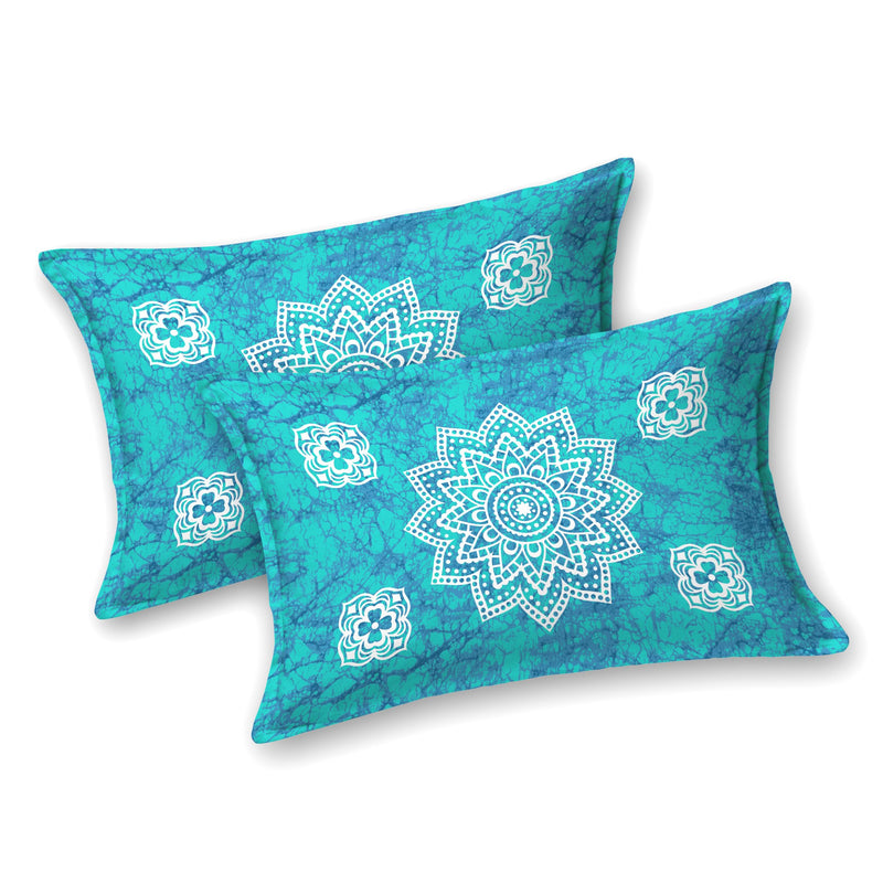 SheetKart Cotton Blend Traditional Mandala Jaipuri Printed Bedsheet for Double Bed King Size with 2 Pillow Covers - Sea Green