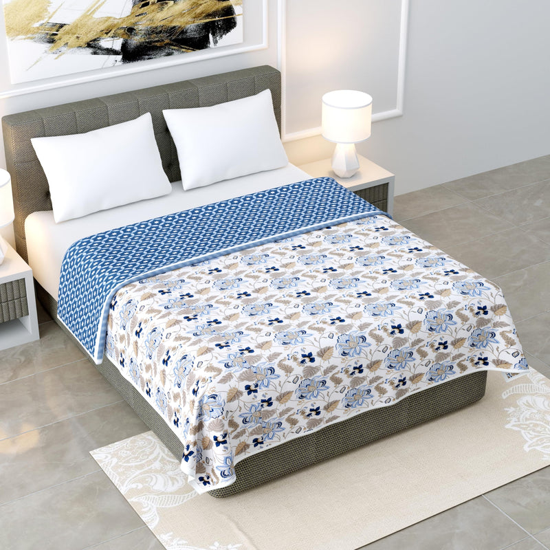 Dream Homme Pure Cotton Soft Reversible Printed Lightweight Dohar Single Bed Cotton | Blanket Single Bed (Floral Blue), Pack of 1