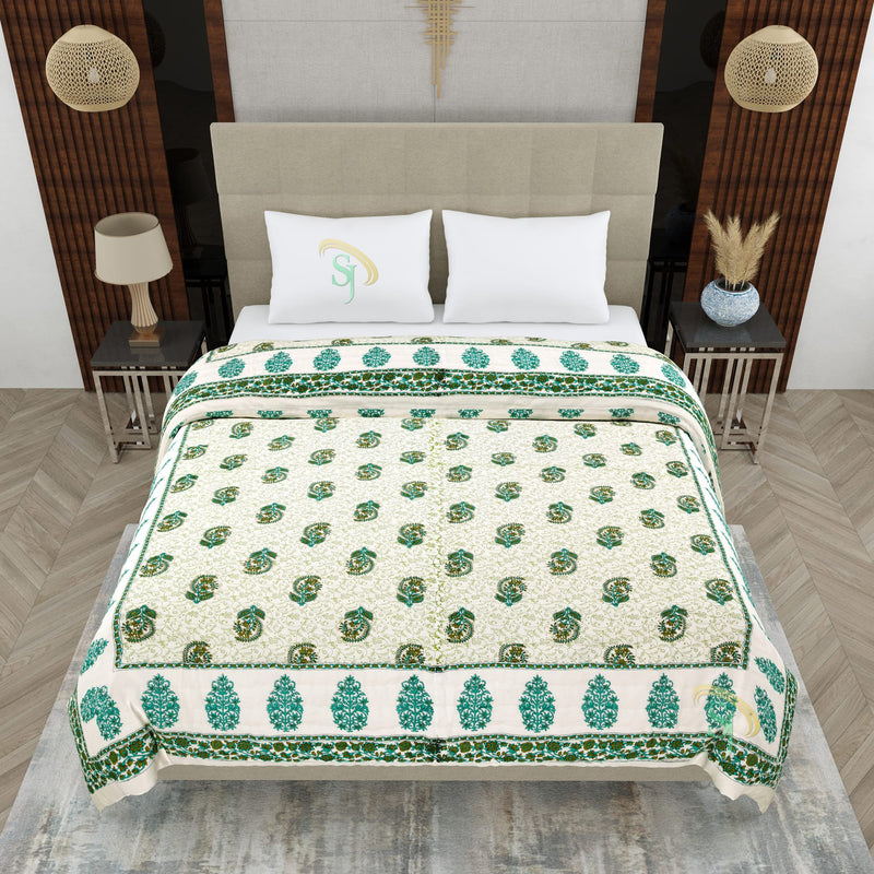 LushHavenDecor 240 TC Double Bed Jaipuri Razai Organic Pure Cotton Jaipuri rajai Ac Quilt for Winter and Summer Soft Light Weight Rajasthani Traditional Cotton Comforter 85 x 100 inch Green