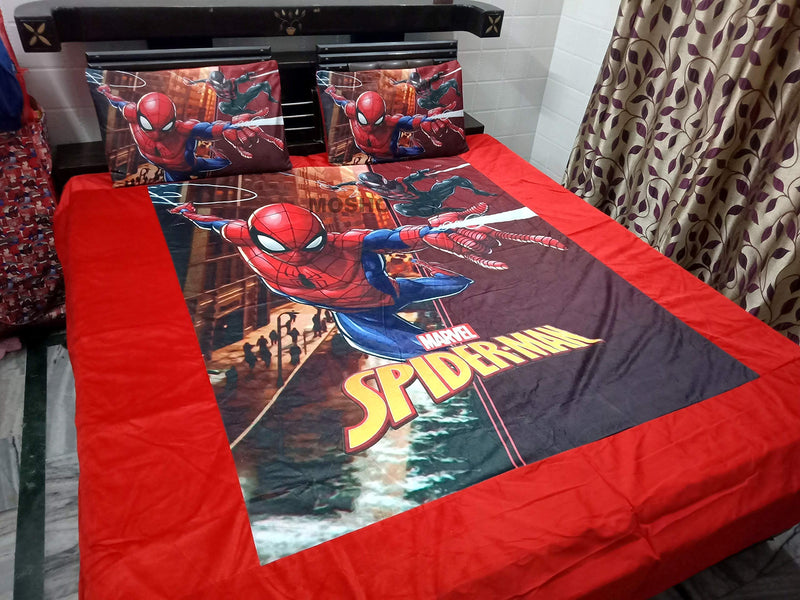 BhaiJi BedSheet Kids Cartoon Print BedSheets for Double Bed, with 2 Pillow Covers, Action Hero Spider Man Print, Loose PVC Pack