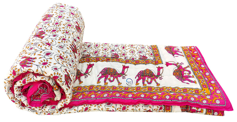 LushHavenDecor Rajasthani Traditional Cotton Jaipuri razai rajai ac Blanket Blue Camel Animal Print with Floral Design Single Bed Jaipuri Quilt 55 x 85 inch (Pink) Reversible (Both Sided)