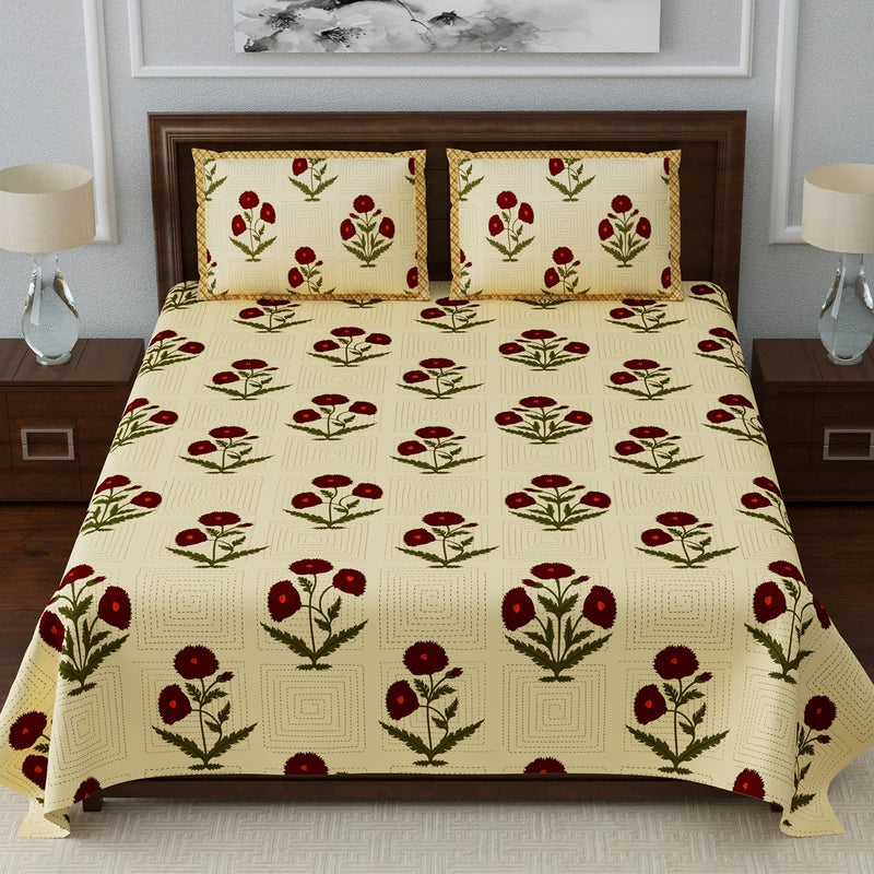 Living Roots Ethnic Rajasthani/Jaipuri/Sanganeri Katha Print 100% Cotton Super King Size 108 * 108 Bedsheet with 2 Pillow Covers (79A)