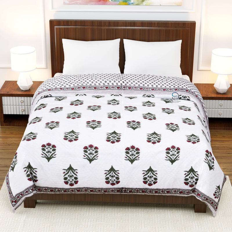 WORLDNEX 400 TC Jaipuri Light Weight Pure Cotton Traditional Hand Block Big Flower Print Double Bed Quilt/Razai/Rajai (White & Green, 90 x 105 Inches, Double Bed)