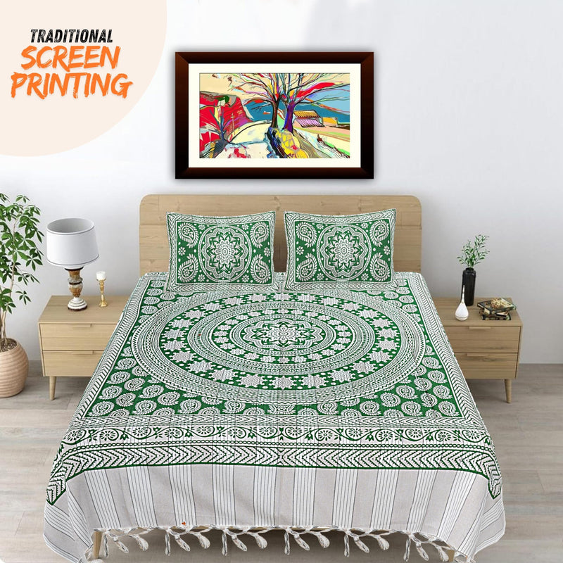 Hashcart Quality Cotton Bedsheet Hand Block Printed for Double Bed with Two Pillow Covers (90x100 Inch)