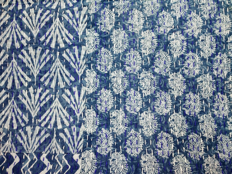 Kirti Textiles and Handicraft Indigo Patch Work Cotton Handmade Block Print Kantha Blanket (Blue, 90x108 Inch)