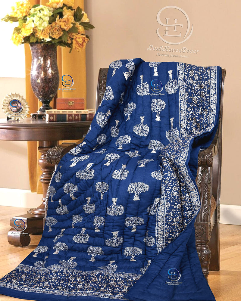 THROWS HOME DECOR 400 TC Jaipuri Rajasthani Traditional Light Weight Pure Cotton Single Bed Soft Jaipuri AC/Winter Quilt/Razai Floral Blue Print (Size 55 X 85 inch Stitch Including) Set of 1