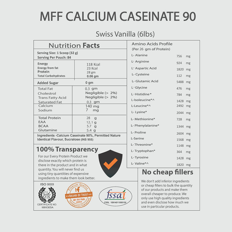 MyFitFuel Calcium Caseinate 90, Slow Release Casein Protein | 2.7 Kg, 84 Servings (Swiss Vanilla)