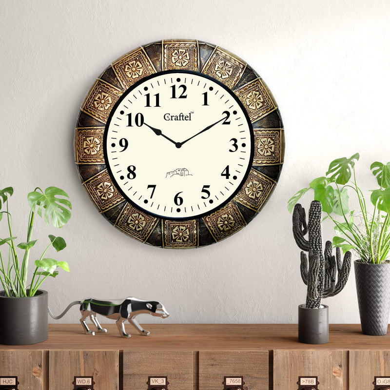 Craftel Brass Embossed Analog Wall Clock Round Decorative Clock for Bedroom Living Room Home and Office (Gold_18 Inch X 18 Inch)