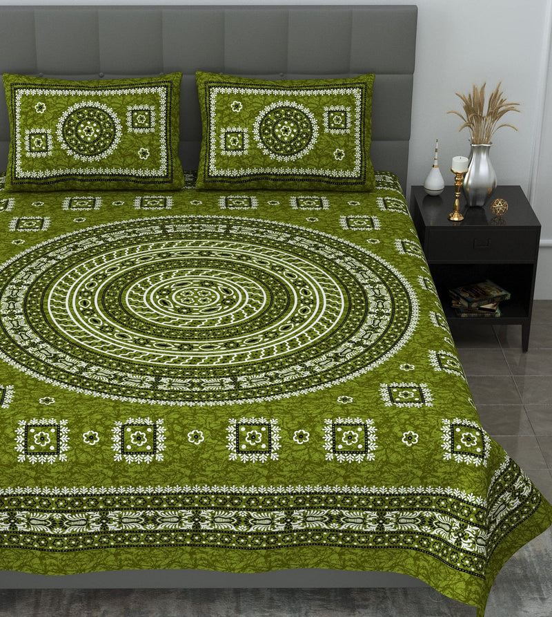 SheetKart Mandala Floral Print 144 TC Cotton Double Bedsheet with Pillow Covers - Green