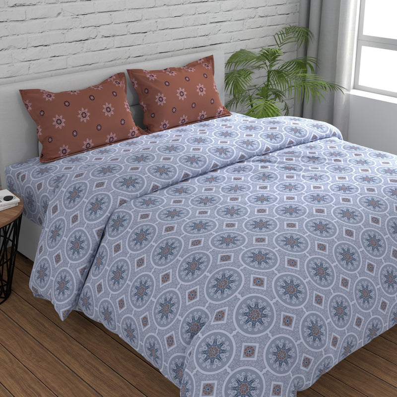 Huesland by Ahmedabad Cotton 144 TC Cotton Bedsheet for Double Bed King Size with 2 Pillow Covers | Mandala | 9ft x 9ft | Brown & Grey