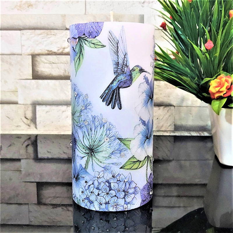 Bella Vista - Hand Made Decorative/Designer Candle (with decoupage Art), Packed in Gift wrap, for Home Decor and Gifting, Wt 625 GMS, Dim: 3x6 inch (Hummingbird)