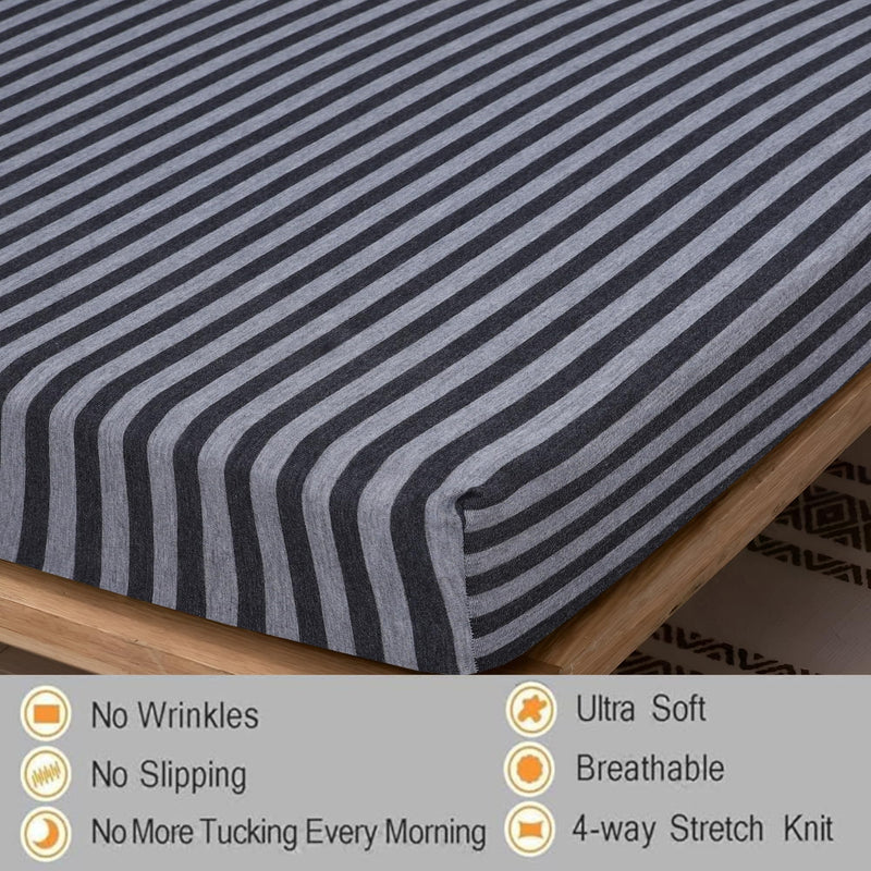 Ciel Home Wrinkle and Iron Free Cotton Rich Jersey (Soft T-Shirt Fabric) - Fitted Bed Sheet Set with 2 Pillow Covers - Fits Up to 6" Mattress- (78" X 72" King, Dark Grey & Grey Heather Stripes)