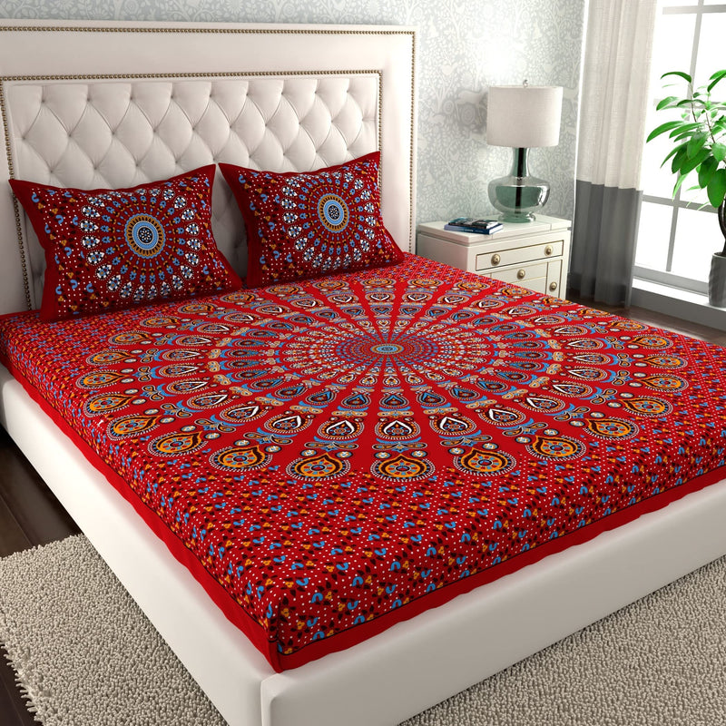 La Verne104 TC 100% Cotton Jaipuri Rjasathani Hand Print Bedsheet with 2 Pillow Covers (Red)