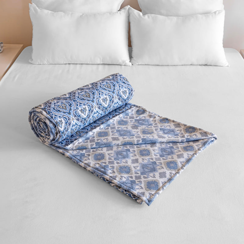 HOMEMONDE Dohar Single Bed Breathable 100% Cotton AC Blanket 54 x 84 Inch Geometric Printed Lightweight Blanket for All Season - (Blue & White, 137 x 213 CM)