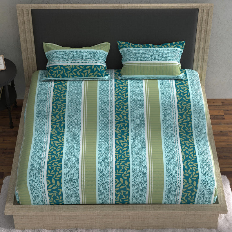 Double Fitted Bedsheet with 2 Pillow Covers Cotton Floral Design Blue & Green Colour - Stella Collection