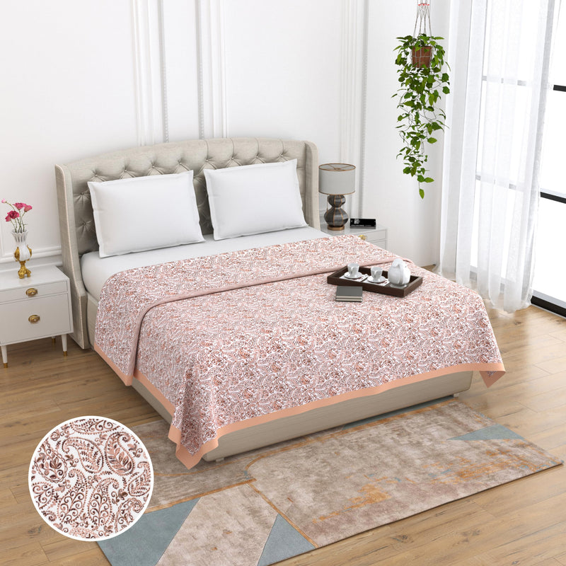 THE LINEN COMPANY Pure Cotton Dohar Reversible Printed Dohar Double Bed Size with Silk Border | 300 TC Soft Lightweight AC Blanket (Double 90x100 Inch), Copper Paisley