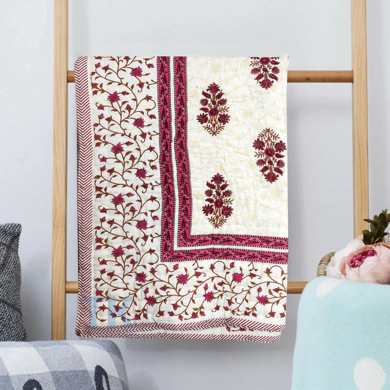 THROW KING World Famous Rajasthani Jaipuri razai Pure Cotton Single Bed Jaipuri Razai Soft AC Quilt/Razai/Rajai Floral Print,Jaipuri razai (90 x 60 inch) (Maroon)