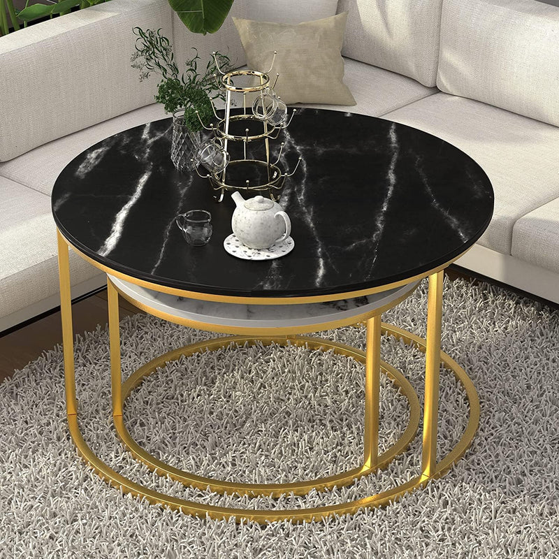 Zareen Mart Marble Nesting Golden Coffee Table 22In Large Set of 2, Metal Frame Circular and Round Wooden Tables 22in, Living Room Bedroom Apartment Modern Industrial Simple Nightstand