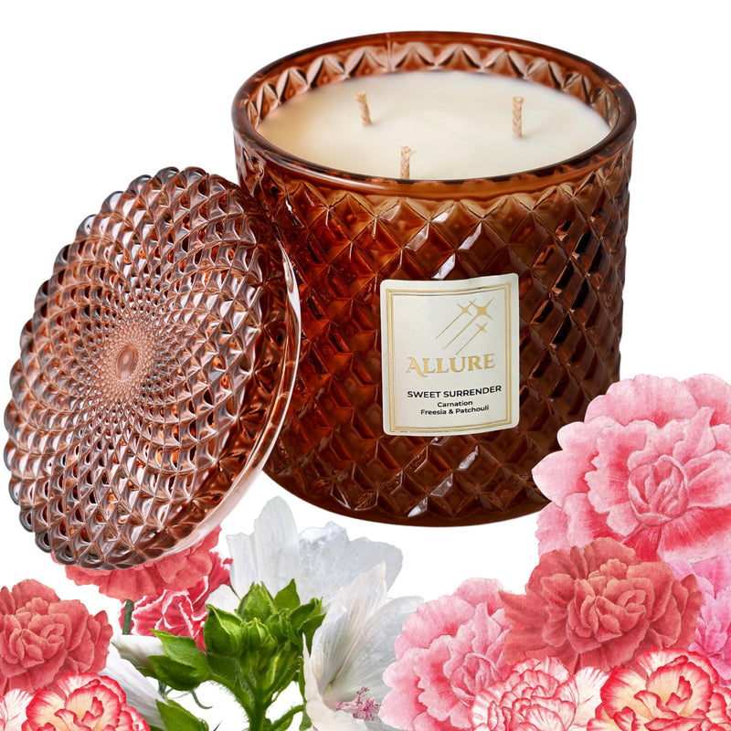 Allure Living Sweet Surrender - Luxury Carnation & Musk Soy Candles | Large 3 Wick Jar Candle | Up to 60 Hours Burning Time | Natural Soy Wax | Relaxing Aromatherapy Aesthetic Candle | Scented Candle