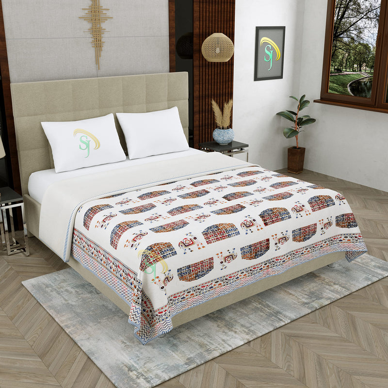 S J Jaipur Rajai Galaxy Rajasthan Traditional Sanganeri Gold Print Firozi Color Jaipuri Rajai/Razai/Quilt Single Single Bed