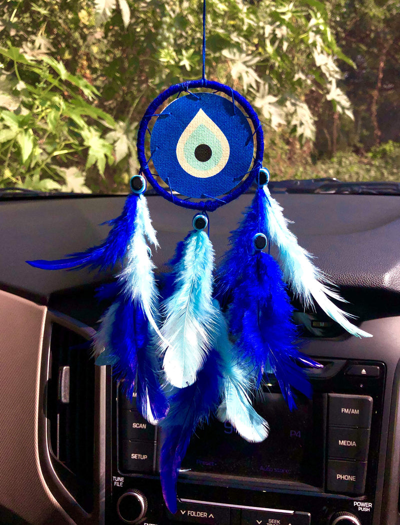 Rooh Dream Catcher ~ Evil Eye Canvas Car Hanging ~ Handmade Hangings for Positivity (Can be Used as Home Decor, Gift, Wall Hangings, Meditation Room, Yoga Temple, Wind Chime & Car Feather Hanging)