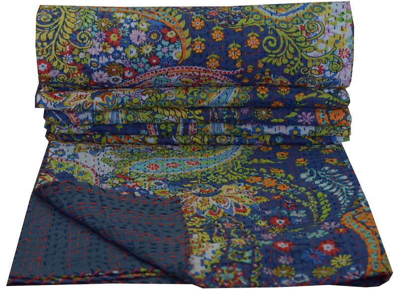 Handicraft-Palace Blue Paisley Printed Bedding Coverlet Kantha Quilt Reversible Bedspread Bed Cover Ralli Gudri Cotton Single Bed Throw Blanket 90"x60"