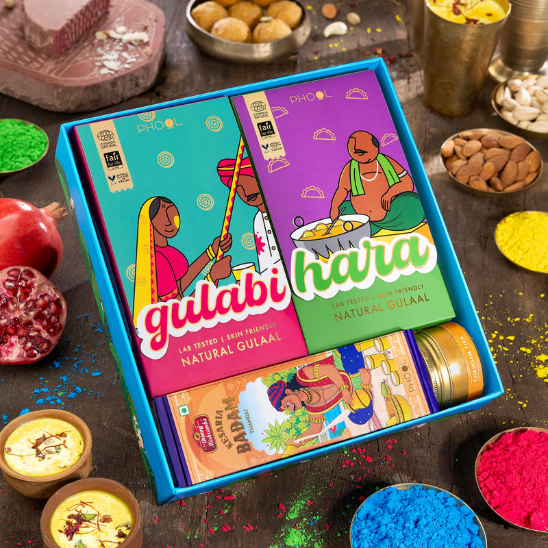 Phool Vrindavan Holi Gulal Collection 4 Vibrant Natural Gulaal Colors with Mishrambu Kesaria Thandai, Chandan Tika, & Holi Greeting Card Premium Holi gulal box Holi colours