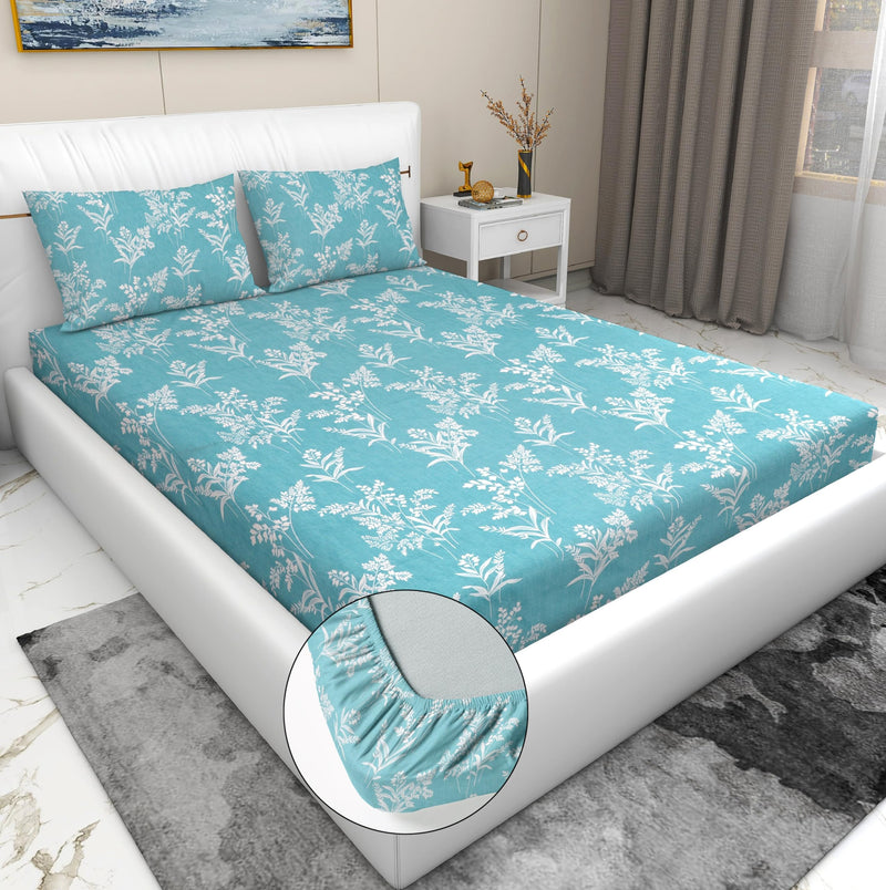 PRINDA Presents Luxurious Glace Cotton 210 TC King Size(78X72X8 Inch) Elastic Fitted Double Bedsheet Fully Elasticized with 2 Pillow Covers Colour Firoji White Leaf