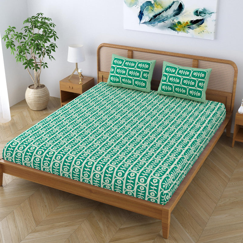 SheetKart Pure Cotton Floral Motif Printed Elegant Jaipuri Bedsheet for Double Bed King Size with 2 Pillow Covers - Jade Green