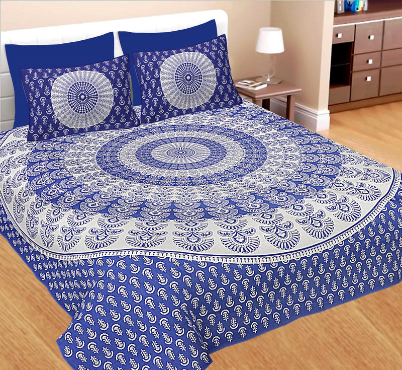 JAIPUR PRINTS 100% Cotton Traditional Floral Jaipuri Printed Bedsheet for Double Bed King Size with 2 Pillow Covers - Blue001