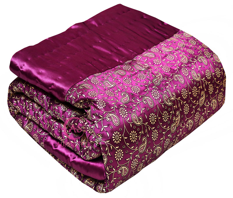 WORLDNEX Cotton Filled Light Weight Silk Jaipuri AC Quilt/Razai Over All Over Printed with Gold Print Jaipuri Quilts/Razai (85x100 Inch,Purple Jaal Print, Double Bed)