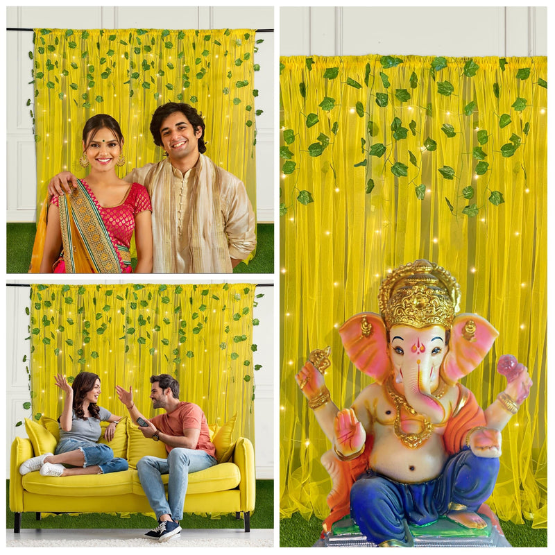 SpecialYou ganpati Decoration Items for Home with Yellow Backdrop Cloth for Decoration, Lights & Artificial Vines, Ganesh chaturthi Decoration Items for Home - 10 Items