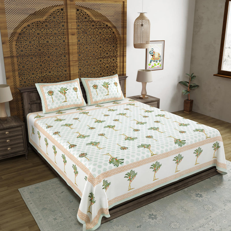 BLOCKS OF INDIA Hand Block Printed 200 TC Cotton Super King Size Bedsheet(106 x 106) (Green Tree)