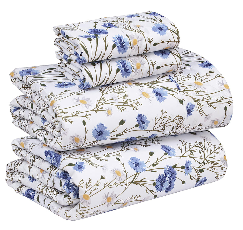 RUVANTI 100% Cotton Sheets - Soft & Breathable Queen Sheet Set - Deep Pocket Queen Size Sheets - Crispy Percale Sheets - Blue & Yellow Floral Queen Sheets ââ‚¬â€œ Moisture Wicking Bed Sheets - 4 Pieces