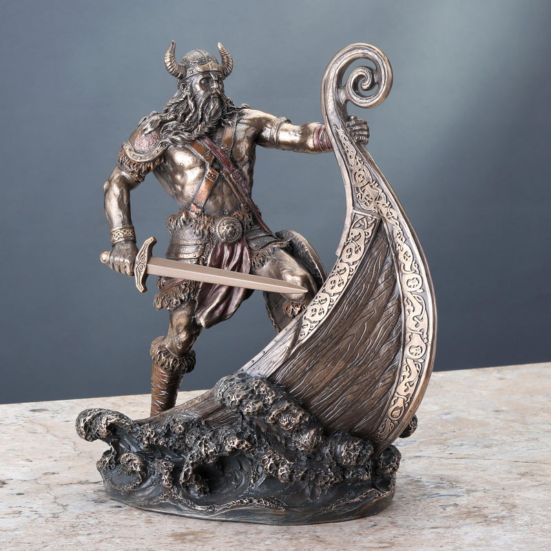 Veronese Design 9.5 Inch Norse Viking Warrior Standing On Long Ship Prow Antique Bronze Finish Statue