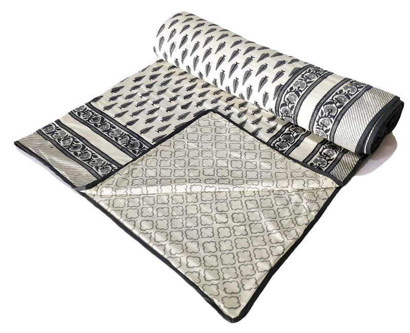 BLOCKS OF INDIA Hand Block Printed Cotton Single Size Reversible Malmal Dohar for Summer (Grey Pine)