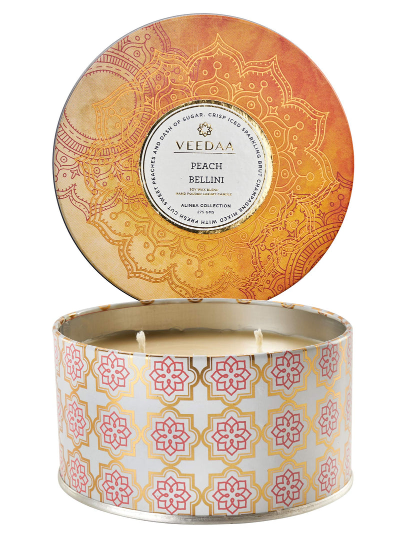 VEEDAA Peach Bellini 3 Wick Tin Soy Scented Candle (Burns 40 Hours)