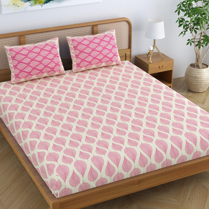 SheetKart Pure Cotton Aspen Leaves Printed Elegant Jaipuri Bedsheet for Double Bed King Size with 2 Pillow Covers - Bright Pink