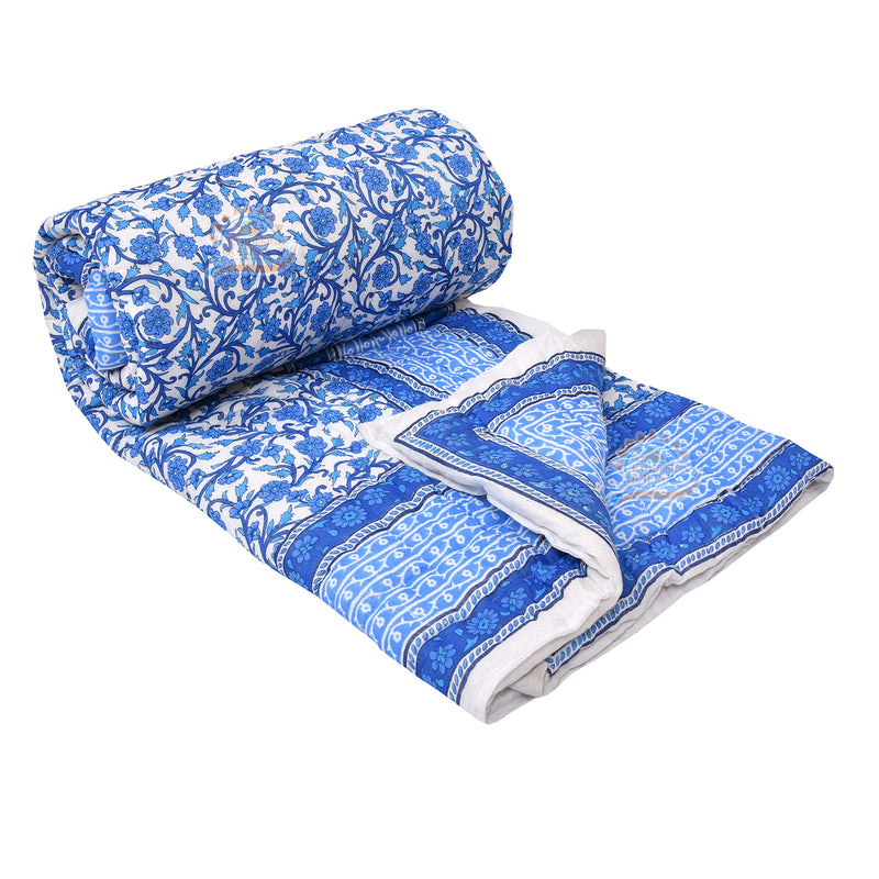 FABDESIGN QUILTS Jaal Block Print Quilt | Single Bed Cotton Traditional Floral Printed Razai | Lightweight Bedding Quilts | Winter Heavy Quilt Blanket(55X85inch) (Blue)