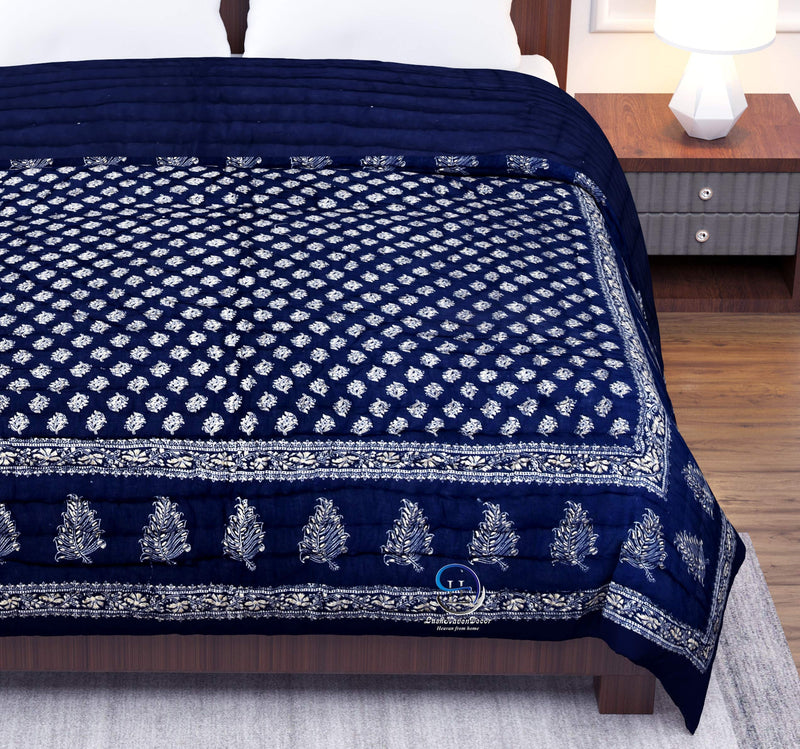 LushHavenDecor Pure Cotton Rajasthani Gold Print Work Blue Jaipuri Single Bed Razai Quilt Rajai Dohar AC-Blanket Comforter 85x55 inch, Set of 1, Blue, skin_friendly