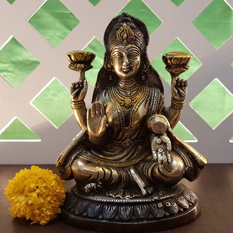 Divya Mantra Sri Laxmi Idol Home Puja Room Diwali Decor Pooja Mandir Decoration Items Living Room Showpiece Decorations Office Lakshmi Temple Murti Goddess Statue Brass Show Pieces - Brown