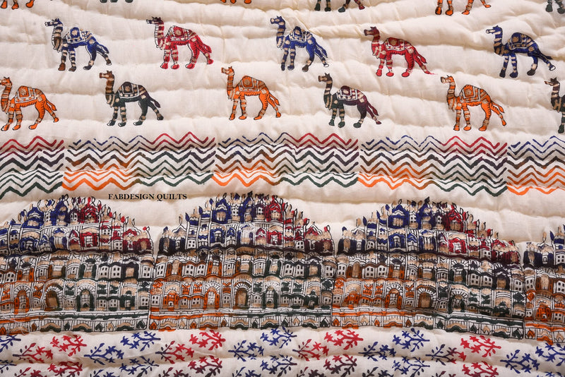 SIBLEY Pure Cotton Soft Jaipuri Razai Traditional Elephant with Hawa Mahal Hand Block Print Single Bed Winter Ac Quilt Blanket (Multicolor) (60X90 Inche)