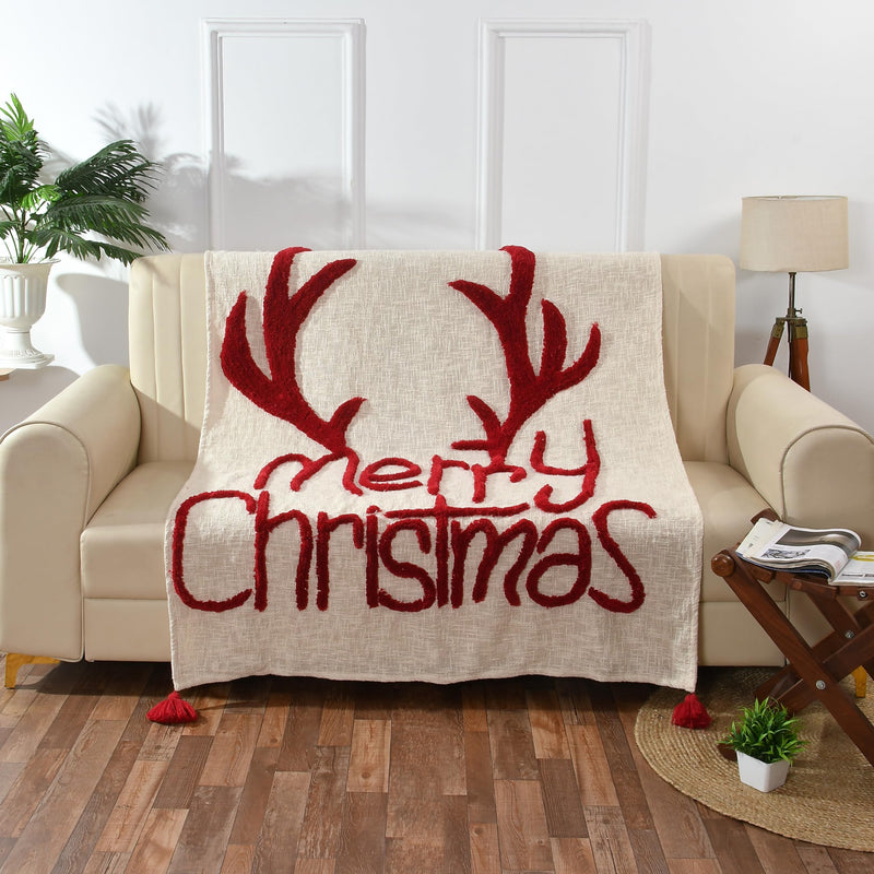 Mansa Enterprises Christmas Throw Boho Throw Christmas Tufted Blanket Cotton Throw Decorative Christmas Blanket Christmas Deer Throw Blanket Tufted Deer Throw Merry Christmas Blanket