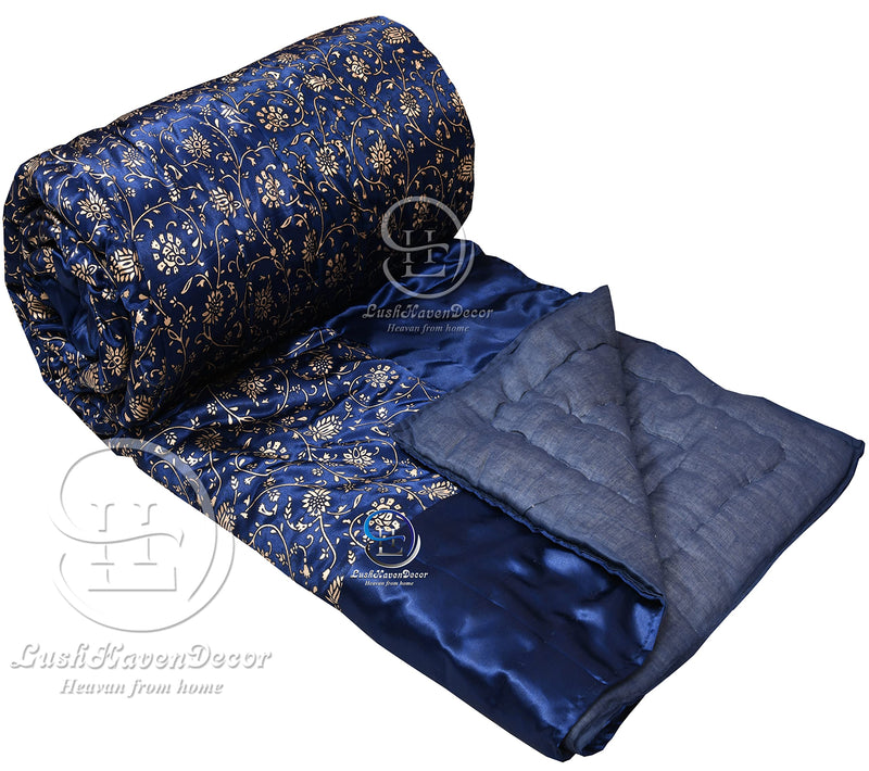 LushHavenDecor Rajasthani Traditional Cotton Light Weight Silk Double Bed Floral Print Design Soft Jaipuri AC Quilt with Gold Print (85X100 inch, Blue)